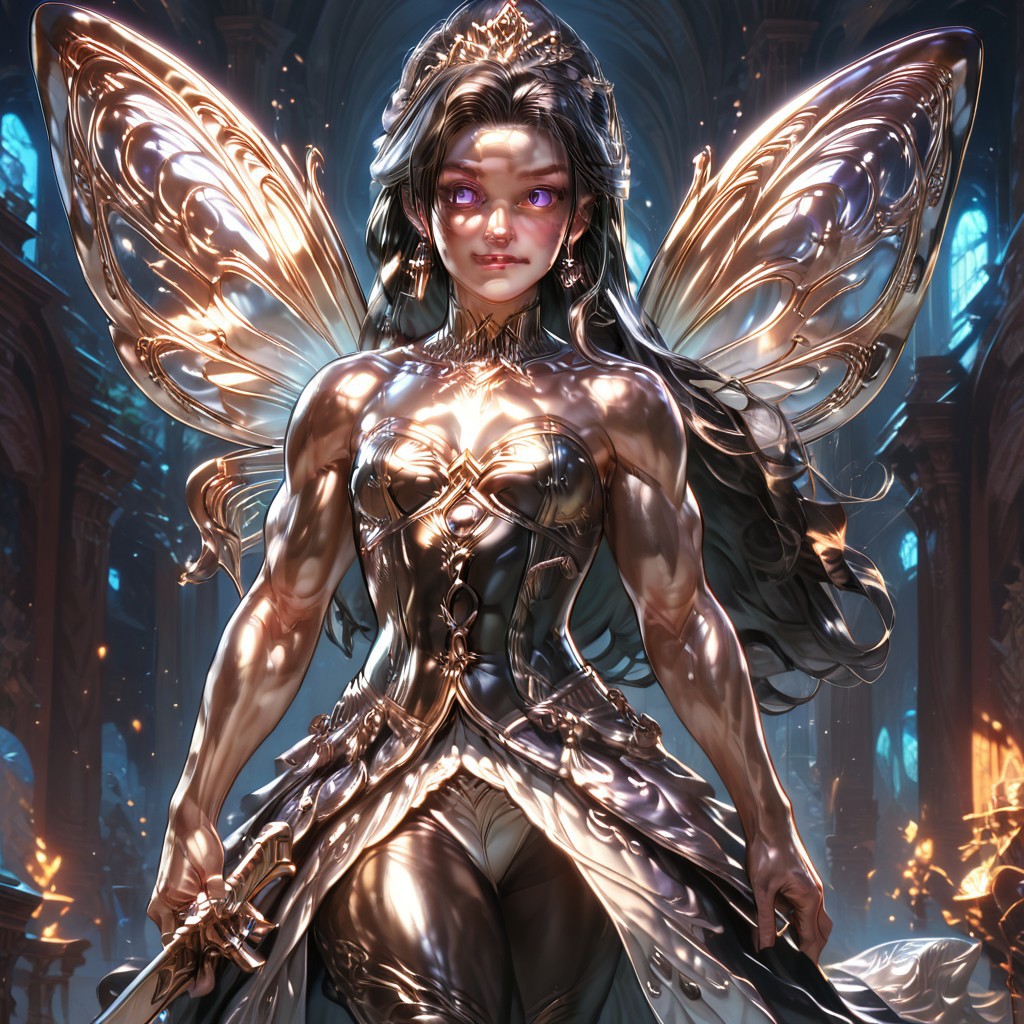 Action scene, detailed, photo realistic, hyper realistic, score_9, rating_safe, solo ((arch fey, violet eyes, (beautiful woman, white underbust corset, skirt, pants, sword belt, and holding a sword), (huge muscles, small petite breasts, muscular thighs, muscular biceps, muscular shoulders, toned abs), ((bronze metallic gold skin ral-polishedsteel)), (fairy wings), (long black hair))), (standing next to a multicolored crystal throne, in a detailed throne room filled with treasures, detailed lighting), hi res, hi quality, 4k, concept art, digital art, realistic, detailed background, lens flare, pixel art, piratical beauty, great lighting
