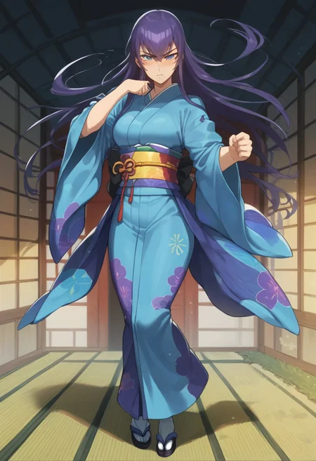 score_9, score_8_up, score_7_up, black bow tie, saeko_busujima, purple hair, blue eyes, long hair, hair between eyes, japanese clothes, multicolored kimono, obi, sash, blue kimono, wide sleeves, fighter pose, serious eyes, blushing, full body shot