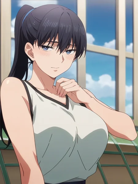 score_9, score_8_up, score_7_up, source_anime,masterpiece,best quality,highres,absurdres,official art,official style,source_anime,anime screencap,anime coloring,megami magazine,anime,animated,
<lora:toudou:1> toudou, black hair, blue eyes, ponytail,large breasts,tanktop