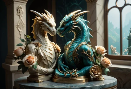 score_9, score_8_up, score_7_up, score_6_up, Dragon Marbleized as a statue with golden roses, 
break,
(front view),
