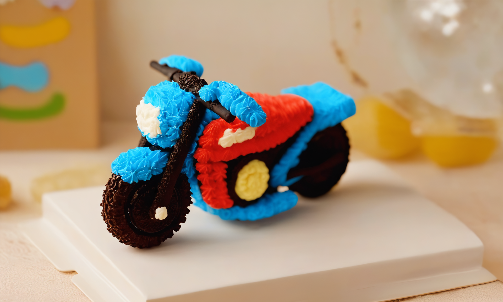 gourmet food photo of <lora:cakecd_xl-000005:0.8>,a single tiered cakecd_xl shaped like a blue motorbike was placed on the table,and on the top was eyes and eyebrows,blue and black theme,simple background,detailed,hi-res photo,indoors,tilt-shift,miniature,cute and lovely,still life,from front,looking at viewer . soft natural lighting,macro details,vibrant colors,fresh ingredients,glistening textures,bokeh background,styled plating,wooden tabletop,garnished,tantalizing,editorial quality,8K,HDR,UHD,masterpiece,best quality,highly detailed,high resolution,finely detail,extremely detailed,ultra detailed,wallpaper