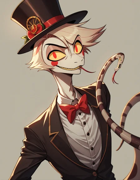 Sir Pentious, as voiced by Alex Brightman, anthro snake, top hat, steampunk theme, HashbinPnyXL