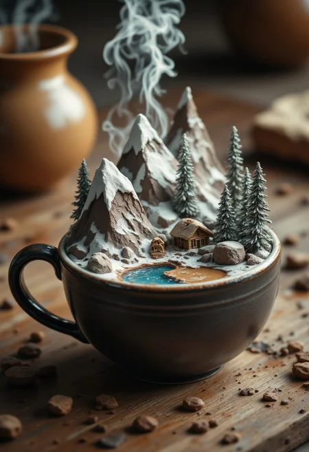 A steaming coffee mug with a miniature mountain range inside, featuring snow-capped peaks, evergreen trees, and a tiny log cabin with smoke drifting from the chimney. The surface of the coffee is transformed into a serene lake reflecting the mountains, creating a cozy, surreal landscape, aidmaMJ6.1, aidmafluxpro1.1, in the style of Jed-clrfl