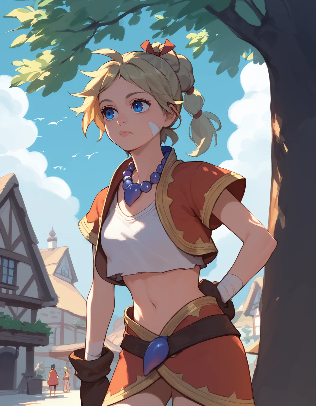 score_9, score_8_up, score_7_up <lora:kid-cc-ponyxl-000012:1> kdecc, ponytail, facial mark, necklace, crop top, vest, midriff, skirt,
1girl, thinking, village, blue sky, tree