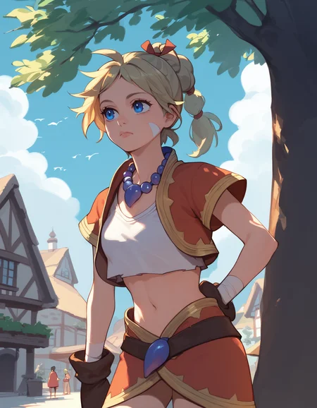 score_9, score_8_up, score_7_up <lora:kid-cc-ponyxl-000012:1> kdecc, ponytail, facial mark, necklace, crop top, vest, midriff, skirt,
1girl, thinking, village, blue sky, tree