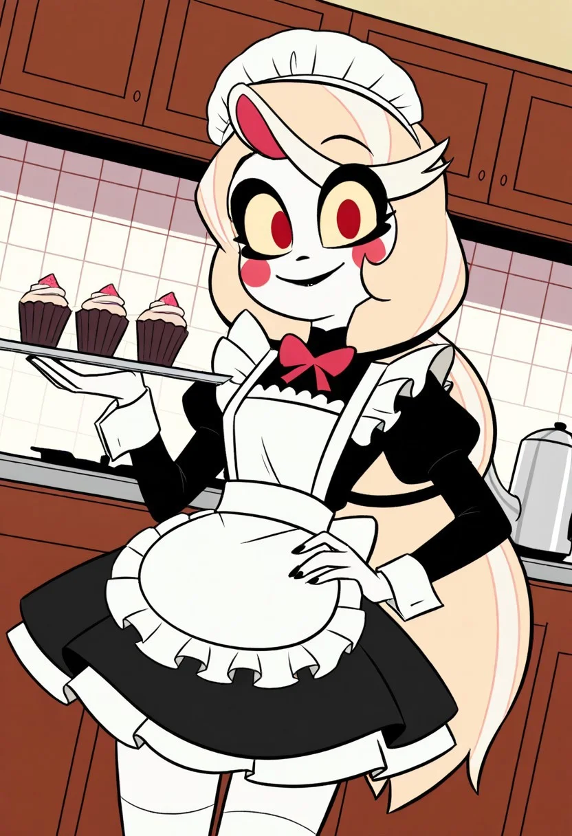 score_9, score_8_up, score_7_up, score_6_up, score_5_up, source_cartoon, 1girl, solo, female, charlie morningstar, blonde hair, very long hair, low-tied long hair, red eyes, yellow sclera, blush stickers, glossy black lips, cute, indoors, kitchen background, wear maid outfit, maid cap, skirt, white stockings, white apron, holding tray of cupcakes, one hand holding a cup of coffee, one hand on hip, Perfect anatomy, anatomically correct, extremely detailed, look at viewer, close up, cowboy shot, cute smile, heart hands, looking_at_viewer, floating hearts, blushing, dynamic angle, dynamic lighting,
