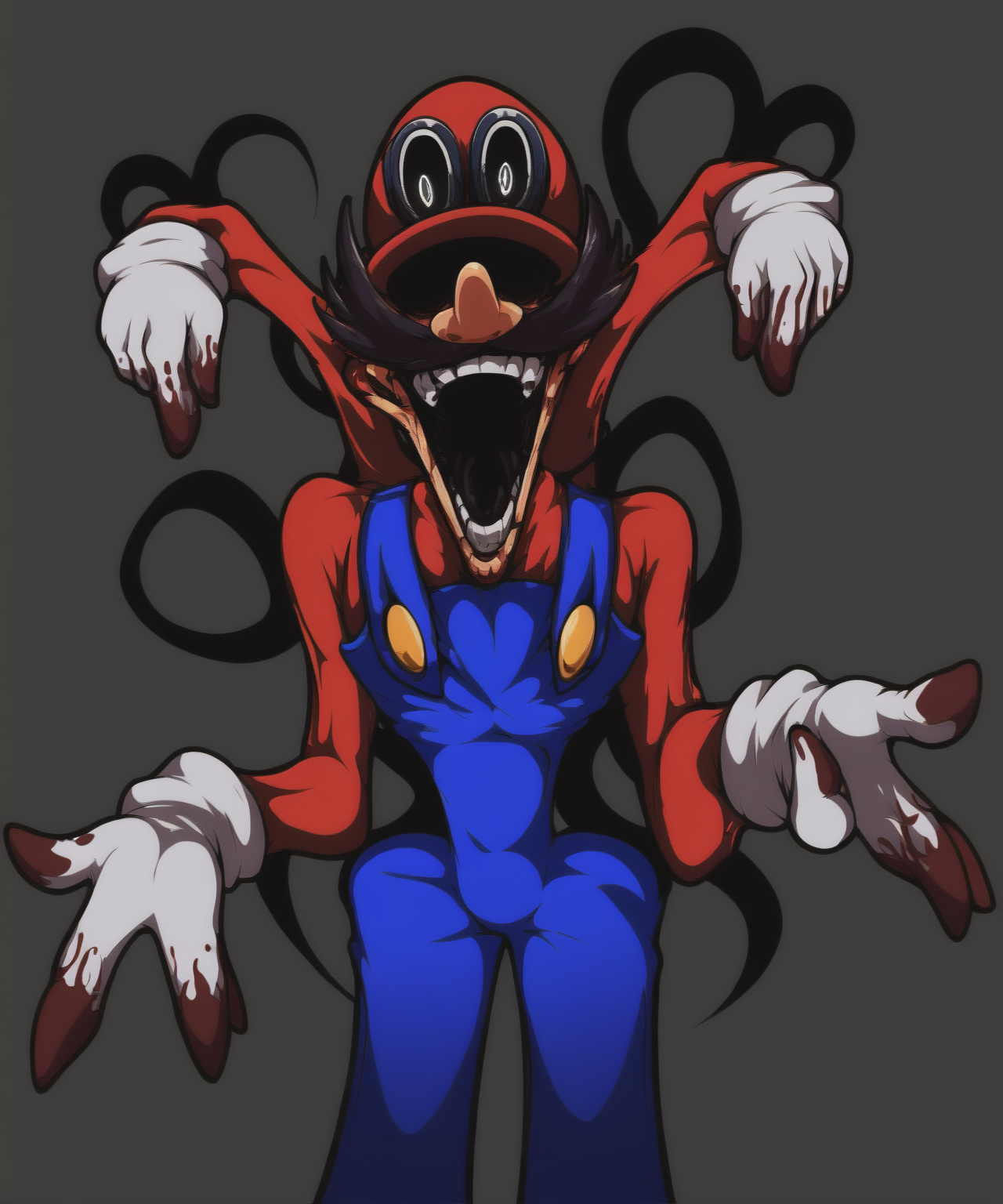 <lora:Ultra_M_FNF_Mario_Madness_v2_PONY_XL_by_Mlaofmd>, <lora:StS_detail_slider_v1:4.0>score_9, score_8_up, score_7_up, 1boy, solo, looking at viewer, low-angle view, ultra m, looking at viewer, hat, facial hair, black sclera, white pupils, white gloves, overalls, forest background,