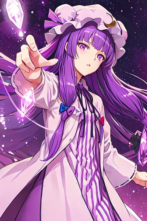 patchouli_knowledge, 1girl, solo, purple hair, purple eyes, long hair, mob cap, crescent hat ornament,