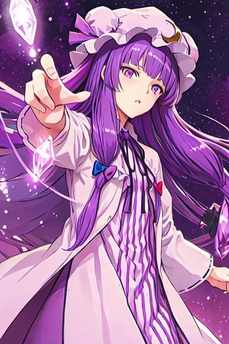 patchouli_knowledge, 1girl, solo, purple hair, purple eyes, long hair, mob cap, crescent hat ornament,