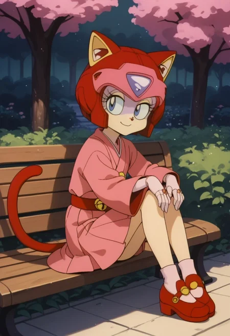 1girl, solo, Pururun, cat girl, two-tone fur, android, petite, score_9, score_8_up, score_7_up, score_6_up, score_5_up, score_4_up, (beautiful summer Park background:1,5), sitting on bench, short legs, red cat tall, looking at viewer, 3/4 side view, slightly smile, hands on knees, short pink kimono, pink mini skirt