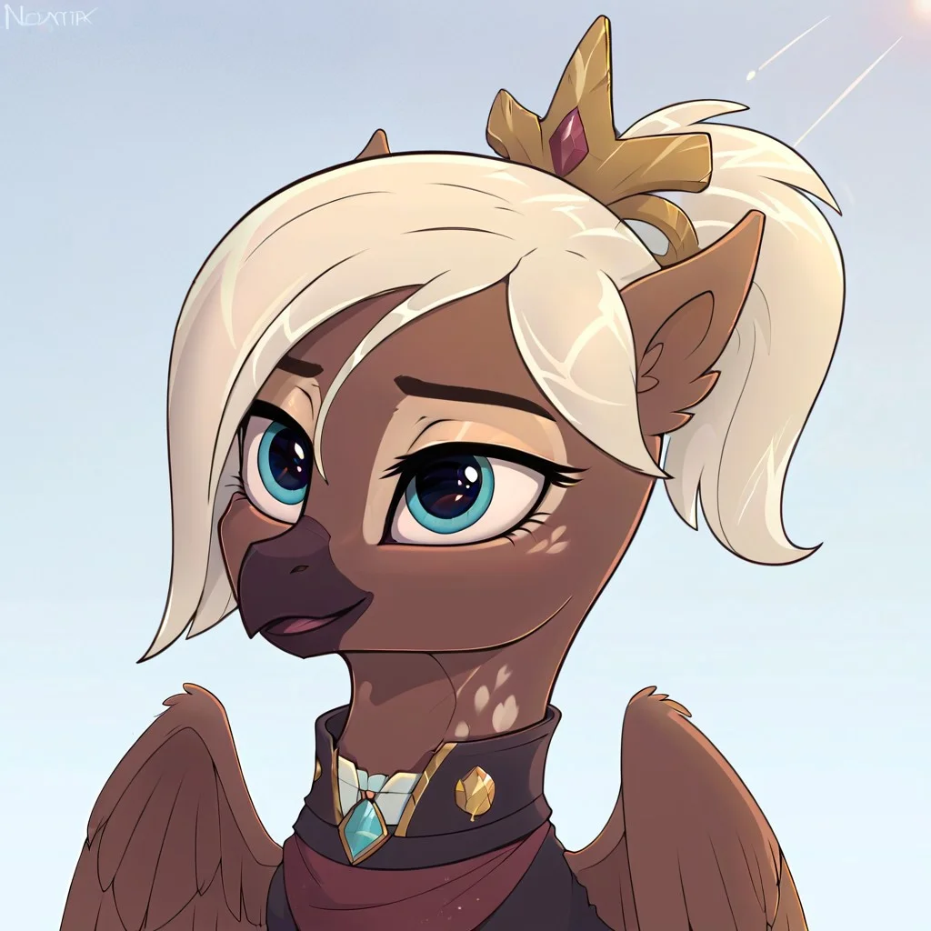 masterpiece, score_9_up, score_8_up, score_7_up, score_6_up, (best quality:1.1), ultra-detailed, high resolution, solo, vivienne discret, griffon, mlp style, avian, feral, female, eyebrows, blue eyes, beak, light blonde hair, ponytail, brown feathers, feathery ears, wings, small crown, royal clothes BREAK portrait, upper body, simple background, highly visible, sharp focus, OverallDetail, anatomically correct, zPDXL3
