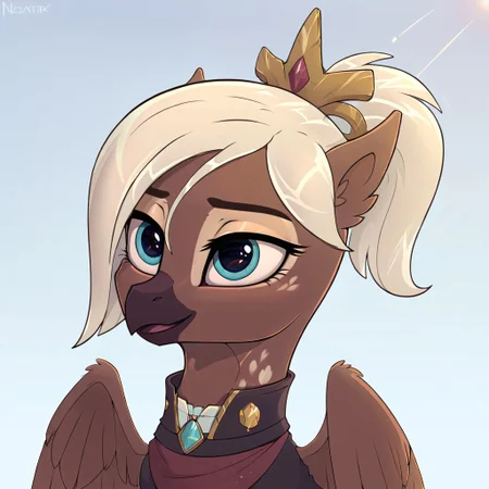 masterpiece, score_9_up, score_8_up, score_7_up, score_6_up, (best quality:1.1), ultra-detailed, high resolution, solo, vivienne discret, griffon, mlp style, avian, feral, female, eyebrows, blue eyes, beak, light blonde hair, ponytail, brown feathers, feathery ears, wings, small crown, royal clothes BREAK portrait, upper body, simple background, highly visible, sharp focus, OverallDetail, anatomically correct, zPDXL3