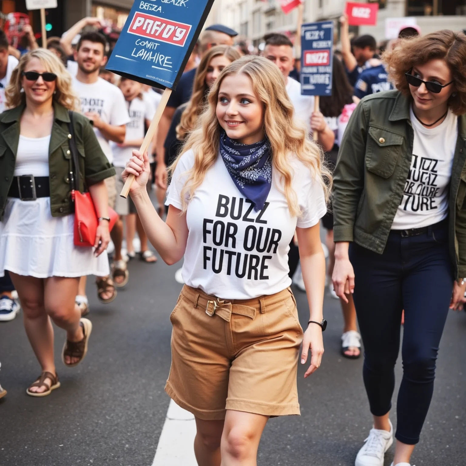 high definition, extremely detailed, 
masterpiece, photo realistic, 

This photograph captures a lively street scene during a fashion event. The central figure is a young woman with long, wavy blonde hair, walking confidently. She is wearing a white T-shirt with bold black text reading "BUZZ FOR OUR FUTURE," paired with high-waisted, tan knee-length shorts. A navy blue bandana is tied around her neck, adding a pop of color. Her footwear consists of slip-on shoes. She holds a large sign in her right hand, also bearing the same text, with "BUZZ" in red and "FOR OUR FUTURE" in blue.

Her eyes sparkle with passion as she marches forward, embodying the spirit of unity and celebration.
her face beaming with excitement and determination.


Surrounding her are other participants, some holding similar signs and wearing matching T-shirts. To her left, a woman in a white dress with a black belt and a red bag is visible, while to her right, another woman in a green jacket and a white T-shirt is smiling. The background is bustling with people, indicating a busy, crowded street. The ground is paved with grey asphalt, and there are white pedestrian crosswalk lines. The scene captures her energy and the collective joy of the crowd, making it a moment of pure, unfiltered happiness and solidarity.
