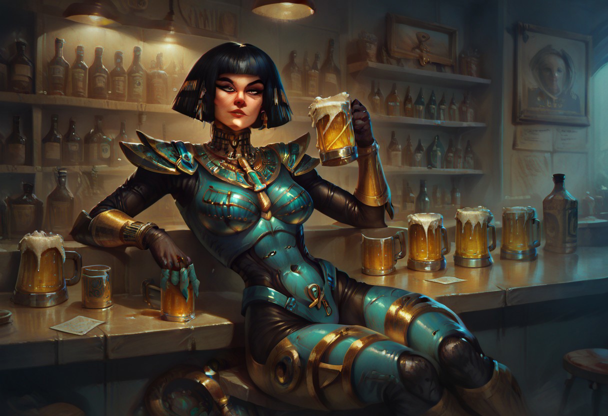 score_9, score_8_up, score_7_up, solo, 1girl, a picture of Diva /(Unreal Tournament)/ sitting at the bar and drinking beer, UTDiva, egyptian, bodysuit, <lora:UTDiva:0.5>