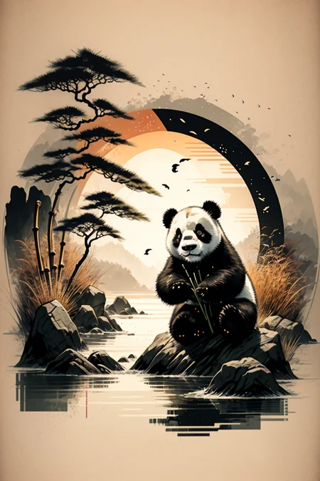 <lora:Calligraphy-ink-style-darquelilly-v1:1> calligraphyinkstyle, a panda in a bamboo field, harmony, volumetric lighting, sunrise, black background