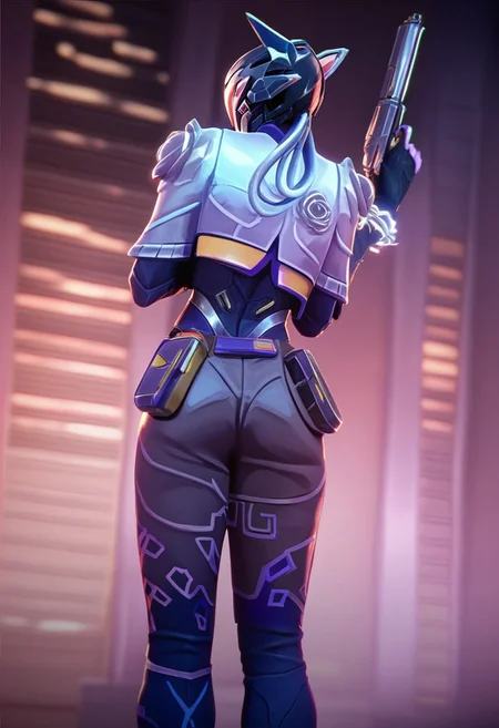 score_9, score_8_up, score_7_up, score_6_up,
v4lorantvyse, vyse, vyse \(valorant\), 1girl, solo, holding, weapon, from behind, scarf, holding weapon, armor, character name, gun, helmet, science fiction