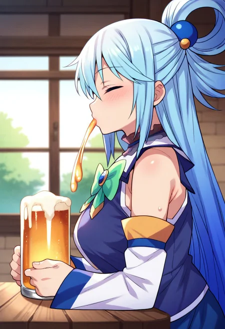 (zPDXL3),
(zPDXLxxx),
score_9, score_8_up, score_7_up,
1girl,
solo,
aqua \(konosuba\), long hair, hair ornament, very long hair, blue hair, hair rings, single hair ring, hair bobbles,
skirt, shirt, thighhighs, bare shoulders, detached sleeves, white thighhighs, blue skirt, blue shirt, green bow,
from side,
closed_eyes,
drink,
drinking,
1 beer,
beer mug,
beer foam,
holding mug,
Sip beer mug.,
flowing beer liquid,
looking_at_viewer,
portrait,
Bust Shot,
puffed cheeks,
blush,
gulp down,
noisy,
excited,