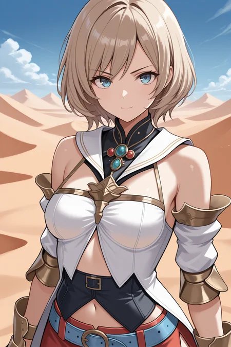 masterpiece, best quality, 1girl, solo, <lora:ffashe-illu-nvwls-v1-000006:1> ffashebd, light brown hair, short hair, blue eyes, brooch, white collar, white shirt, sleeveless shirt, black underbust, navel, red miniskirt, blue belt, detached sleeves, gauntlets, upper body, looking at viewer, desert, blue sky, serious, smile