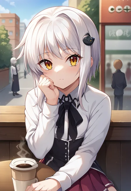 score_9, score_8_up, score_7_up, source_anime, masterpiece, 1girl, ctiank0nek0, dress shirt, pleated skirt, black ribbon, red skirt, half black uniform, long sleeves, outdoors, city, depth of field, looking at viewer, sitting, coffee shop, table, hand on chin, pov, <lora:Konekko_dxd_pony_ct:1>