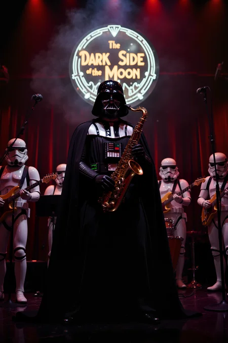 Darth Vader leading a 1920s-style jazz band. Vader, in his iconic black suit and cape, plays a golden saxophone on a smoky nightclub stage. Stormtroopers form the backing band on various instruments. The club's neon sign glows with 'The Dark Side of the Moon' in art deco font.<lora:aidmaMJ6.1-FLUX-V0.1:0.6><lora:Movie_Portrait><lora:Flux DetailerV2>