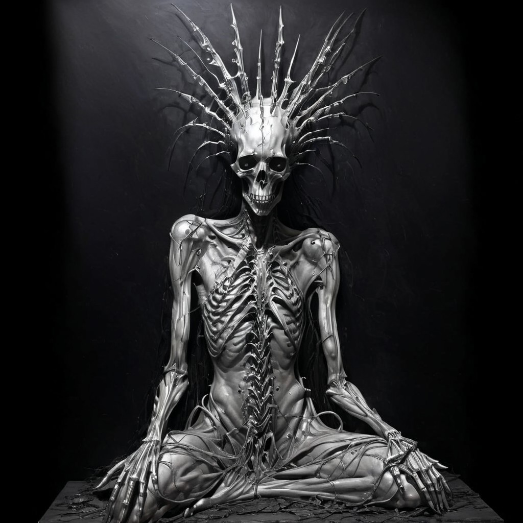 (thanatos, neotribal, cybersigilism, bio, metallic:1.2),
ghost, despair, pain, depression, spirit, bones, mantle,
art, contemporary art, dark art, dark theme