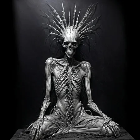 (thanatos, neotribal, cybersigilism, bio, metallic:1.2),
ghost, despair, pain, depression, spirit, bones, mantle,
art, contemporary art, dark art, dark theme