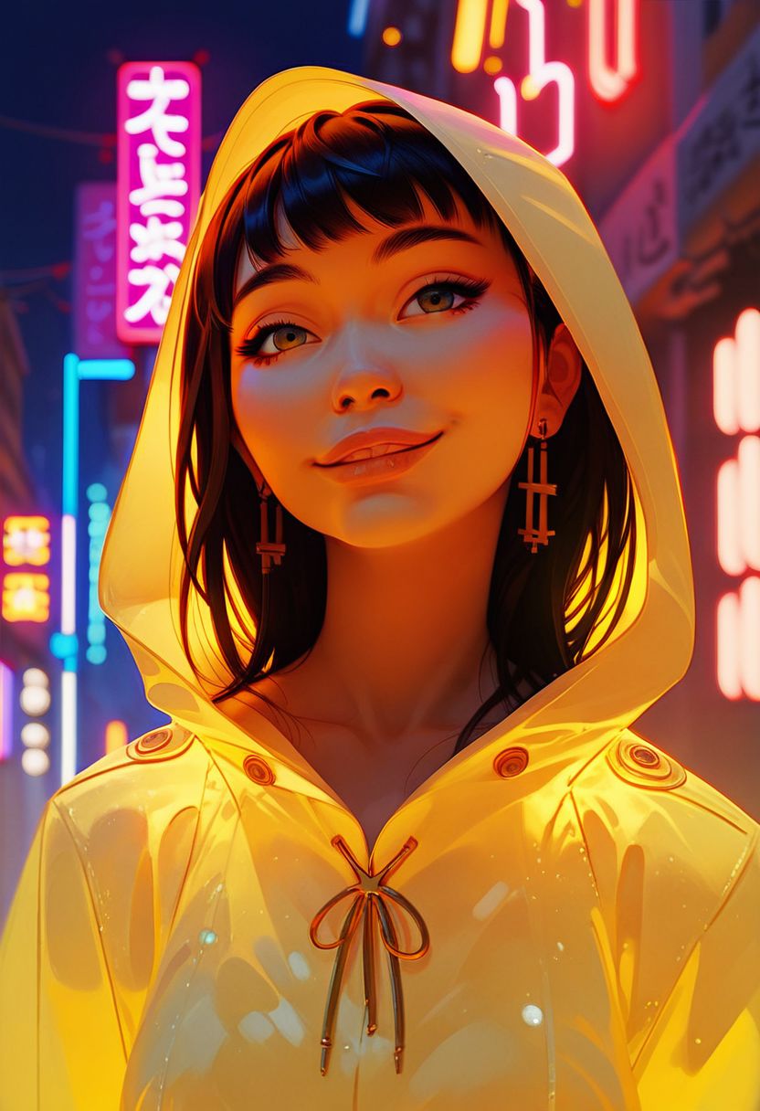 score_9, score_8_up, score_7_up, score_6_up, score_5_up, score_4_up, sexy asian girl , cute smile , hooded raincoat ,  aesthetic , side portrait , half body portrait , tokyo street , street lights , neon lights