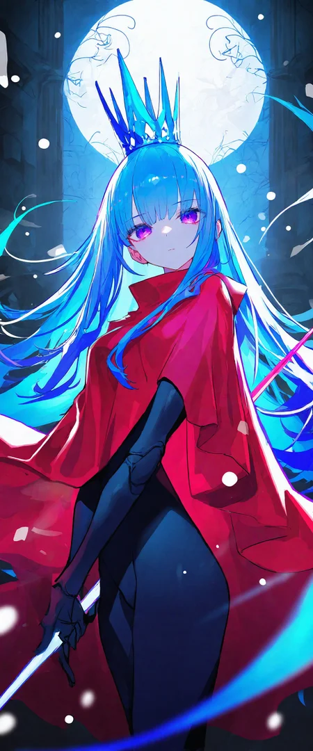 masterpiece,best quality,very awa,newest,highres,absurdres,an extremely delicate and beautiful,original,illustration,amazing, 1girl, cosplay, hornet \(hollow knight\), red cloak, holding weapon, needle, slim waist, year 2024, expressionless, pretty bangs, looking at viewer, gorgeous, wings, queen slime \(terraria\), very_long_hair, multicolored_hair, blue hair, purple eyes, crown, jewelry, bukeh, beautiful detailed shading, large breasts, falling snow, foggy background, outdoors, volumetric lighting, (artist: yoneyama mai:0.5)(artist: Mika pikazo:0.4),(artist: Rolua:0.4), (konya karasue:0.7), vibrant colors,volumetric lighting, <lora:85714801-8935-4a60-b4a5-fe1aa305f2b7:0.6>
