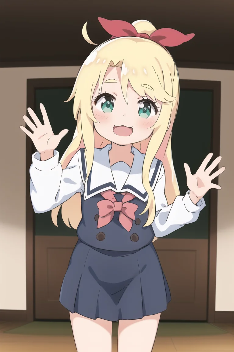 1girl, <lora:noa:1>, himenoa, :3, school uniform, school, waving, :D,