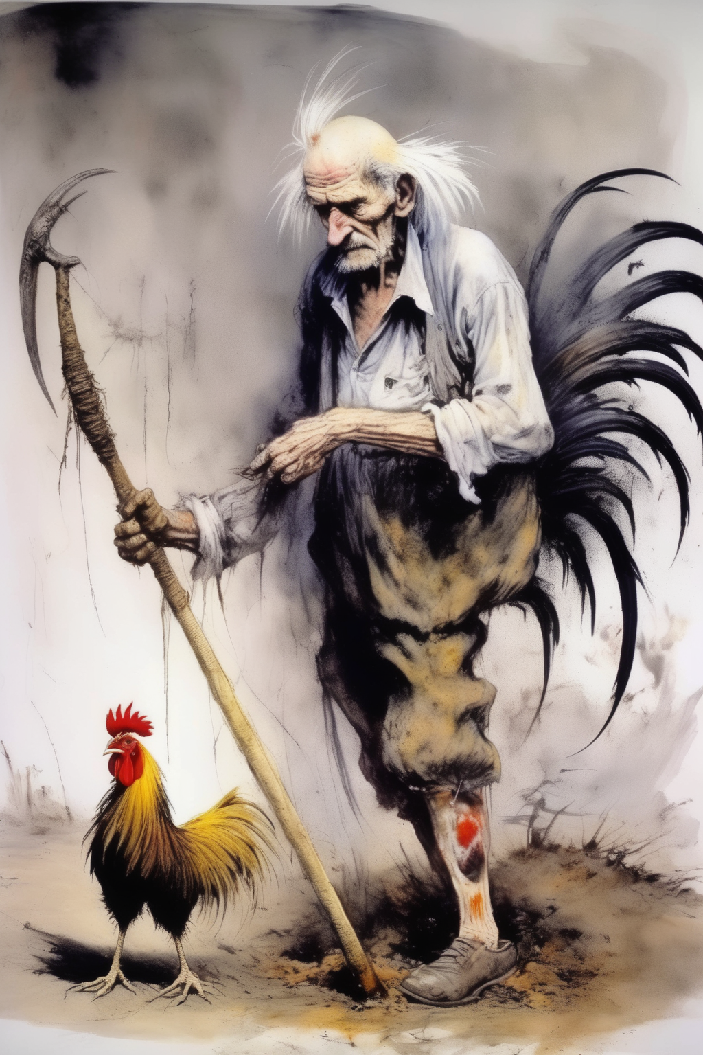 <lora:Richard Dadd Style:1>by Richard Dadd Style - old man works the land with the scythe, unfortunately also the rooster in the style of Stephen Gammell combined with Arthur Boyd..1