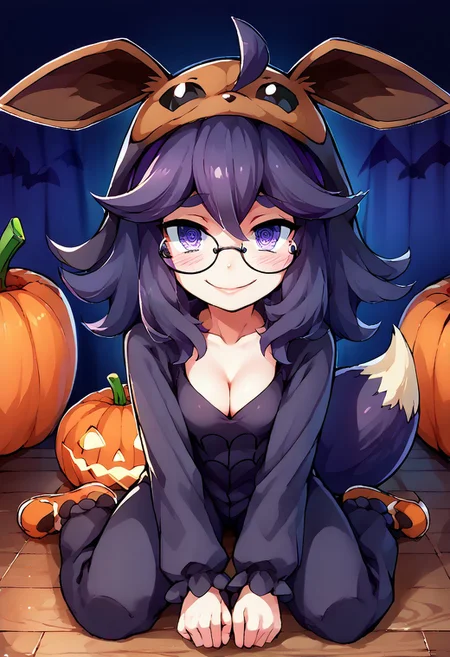 score_9, score_8_up, score_7_up, score_6_up, score_5_up, score_4_up, abstract background, white outline, anime style, source anime, (outline:0.7) ,high detail, Halloween background, smile, lipstick, (slim fit), cleavage, perfect face, perfect eyes, lush eyebrows, cute face, petite body, shy, cute, detailed eyes, smalll breasts, cute round eyes, seductive, half-closed eyes, looking at viewer, indoors, stage lights, stage, halloween decoration, hex maniac, messy hair, purple eyes, purple hair, purple hairband, @ @, short hair, hands between legs, wariza, w sitting, glasses, <lora:eevee-cosplay-ponyxl-lora-nochekaiser:1>, eevee cosplay, eevee (cosplay), cosplay, hood, hood up, long sleeves, kigurumi, animal ears, pokemon tail, tail,