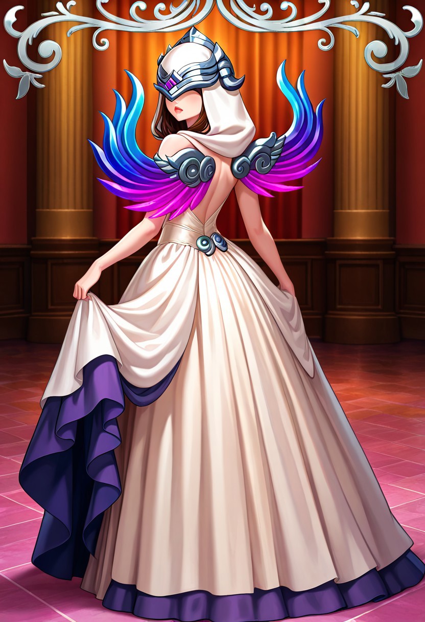 masterpiece, amazing detail, best quality, amazing quality, 1girl, screencap, accurate style, accurate colors, detailed lips, detailed face, 
N3m3s1sSM1T3, 1girl, white hood, brown hair, lips, hood over eyes,
full body, looking at viewer, elegant ballgown, white clothes, purple and blue crystal wings, fancy ballroom background, looking over shoulder, dynamic pose,
(((official))), (((card art))) style, borderless