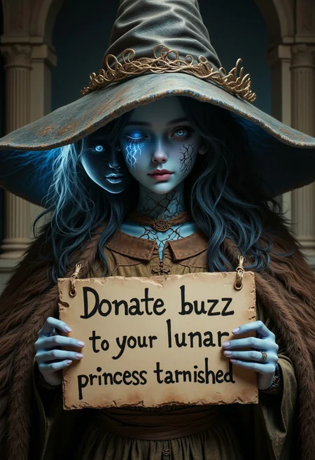 ultra realistic photo of Ranni the witch, holding a sign with four arms that says "Donate buzz to your lunar princess tarnished"