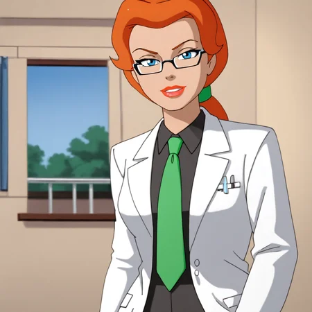 <lora:poisonivybtas_pony_v1:.8> PoisonIvyLab, 1girl, green necktie, blue eyes, labcoat, glasses, collared shirt, orange hair, makeup, lipstick, red lips, green shirt, ponytail, cowboy shot