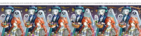 (artist:onineko:0.826446),artist:hito komoru,(artist:quasarcake:1.1),(artist:reoen:0.826446),artist:machi,(7769:1.21),sea foam,reverse:1999,sonetto \(reverse:1999\),vertin \(reverse:1999\),2girls,:/,:o,ascot,basket,black cape,black hat,black vest,blue brooch,boater hat,bow,bowtie,candy,candy cane,cape,checkered hairband,dark background,food,ghost,ghost costume,grey bow,grey bowtie,grey eyes,grey hair,hair bun,hair ornament,halloween bucket,halloween costume,happy halloween,hat,holding,holding basket,long hair,looking at viewer,looking to the side,multiple girls,notice lines,one eye covered,orange hair,sheet ghost,shirt,single side bun,sparkle,upper body,vest,waistcoat,white ascot,white shirt,x hair ornament,
masterpiece,best quality,amazing quality,very aesthetic,absurdres,newest, nsfw,
<lora:NOOB_EPSv1_detailer_by_vlnvk_v0_5:0>