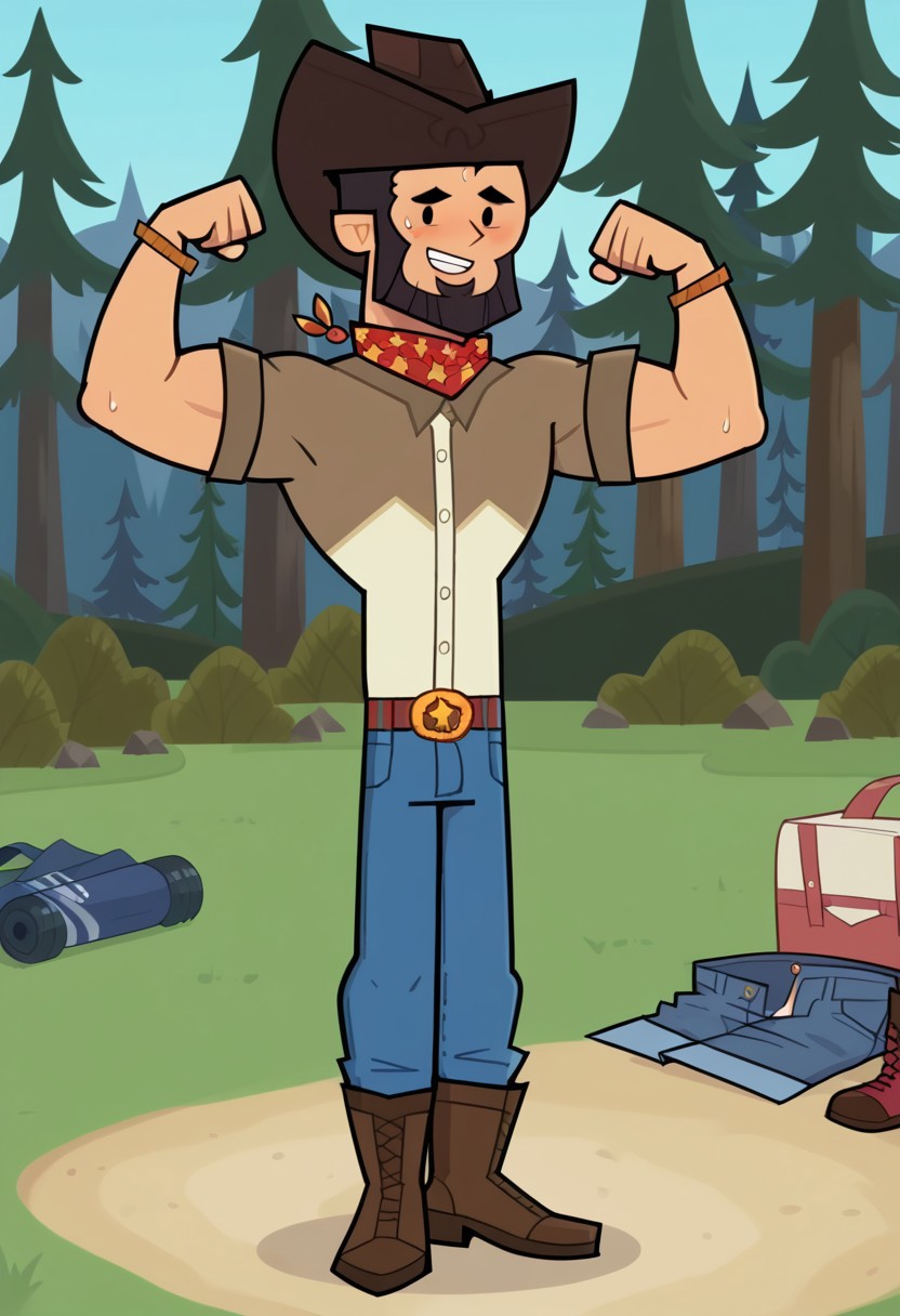 score_9, score_8_up, score_7_up, score_6_up,  flat color, FINN AGUDELO, 1boy, solo, nice skin, black hair, Black eyes, cowboy hat, Black beard, cowboy costube, boots, bluejeans, outdoor, camp, sunny day, sweat, exhausted from the heat, blushing, flexing arms, muscle body, Big biceps, Big chest.