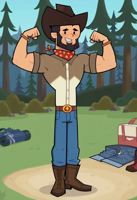 score_9, score_8_up, score_7_up, score_6_up, flat color, FINN AGUDELO, 1boy, solo, nice skin, black hair, Black eyes, cowboy hat, Black beard, cowboy costube, boots, bluejeans, outdoor, camp, sunny day, sweat, exhausted from the heat, blushing, flexing arms, muscle body, Big biceps, Big chest.