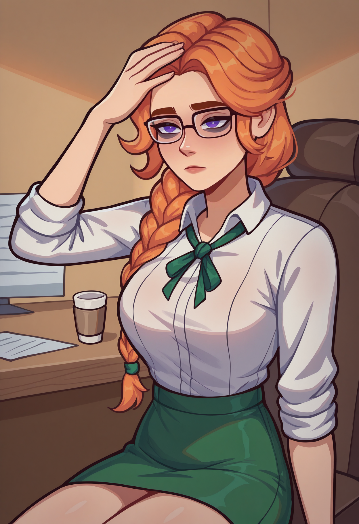 masterpiece, best quality, newest, absurdres, highres, 1girl, solo, <lora:NSLeahStardew:1> NSLeahStardew, purple eyes, orange hair, long hair, single braid, breasts, front braid, glasses, white collared shirt, green skirt, secretary, expressionless face, frown, office, tired, bags under eyes, neck ribbon, sitting, green ribbon, office, cowboy shot, holding cup, shaky hands, hand on own forehead