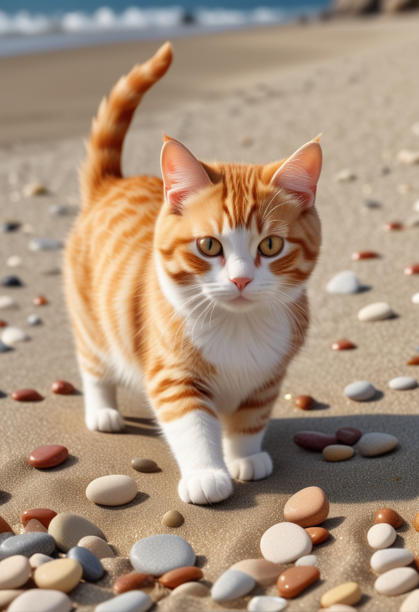 (medium full shot) of (adorable cat), ginger fur, spotted, golden, bow,  set in  a quiet beach with smooth pebbles, soft lighting, and a peaceful atmosphere , while stalking a toy mouse, Masterpiece,best quality, photo, realistic, very aesthetic,