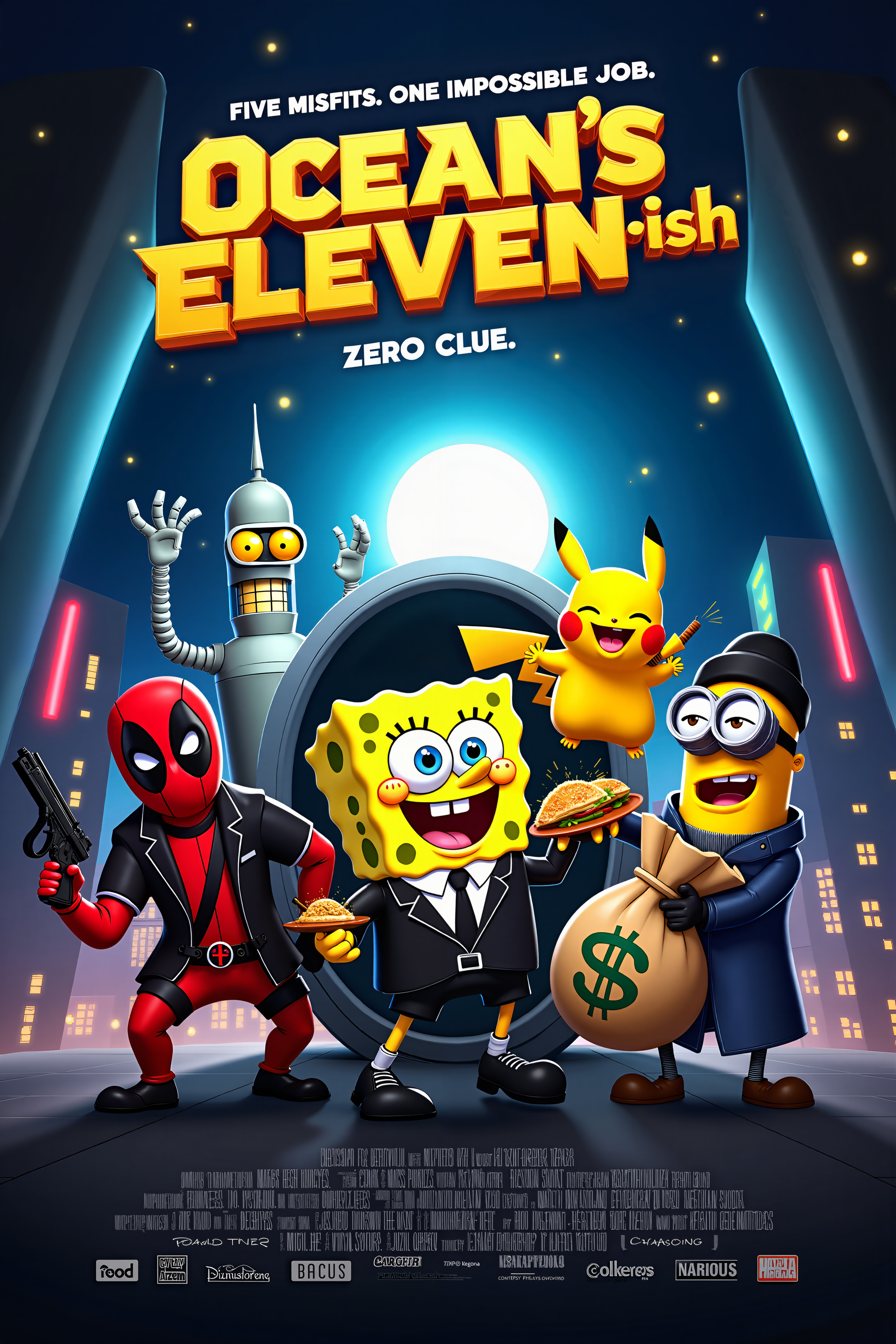 A vibrant and action-packed movie poster titled "Ocean's Eleven-ish," featuring an all-star cast of Spongebob Squarepants, Pikachu, Deadpool, Bender from Futurama, and a Minion from Despicable Me in the middle of an epic heist. The characters are gathered together in a dramatic, stylized pose, each showcasing their unique personalities and quirks.

In the center, Spongebob, dressed in a slick black suit and tie, holds a briefcase filled with Krabby Patties, grinning confidently. To his right, Pikachu wears a tiny black hat, sparks of electricity surrounding him, ready to short-circuit any security system. Deadpool, with his iconic red-and-black suit, wields a combination of weapons and gadgets, including a taco in one hand, adding his trademark irreverence. Bender, sporting a fedora and a cigar, has his extendable arm reaching into a high-tech safe, his face lit up with greed. The Minion, dressed in a thief’s outfit with a black beanie and eye mask, clutches a large sack marked with a dollar sign, struggling to keep it upright as he gives a mischievous wink.

The background shows a futuristic cityscape under the cover of night, with neon lights reflecting off the sleek buildings. In the distance, a towering vault door glows ominously, hinting at the high-stakes target of their heist. The sky is lit with bright city lights and a full moon, adding a dramatic atmosphere to the scene.

The title "Ocean’s Eleven-ish" is splashed across the top in bold, gold lettering, with the tagline beneath it reading, "Five Misfits. One Impossible Job. ZERO CLUE." The credits at the bottom are filled with humorous nods, like "Directed by Heisty McHeistface".

The overall vibe of the poster is a mix of comedy, action, and absurdity, perfectly capturing the chaotic energy of this unlikely team of characters teaming up for the most outrageous heist the world has ever seen.