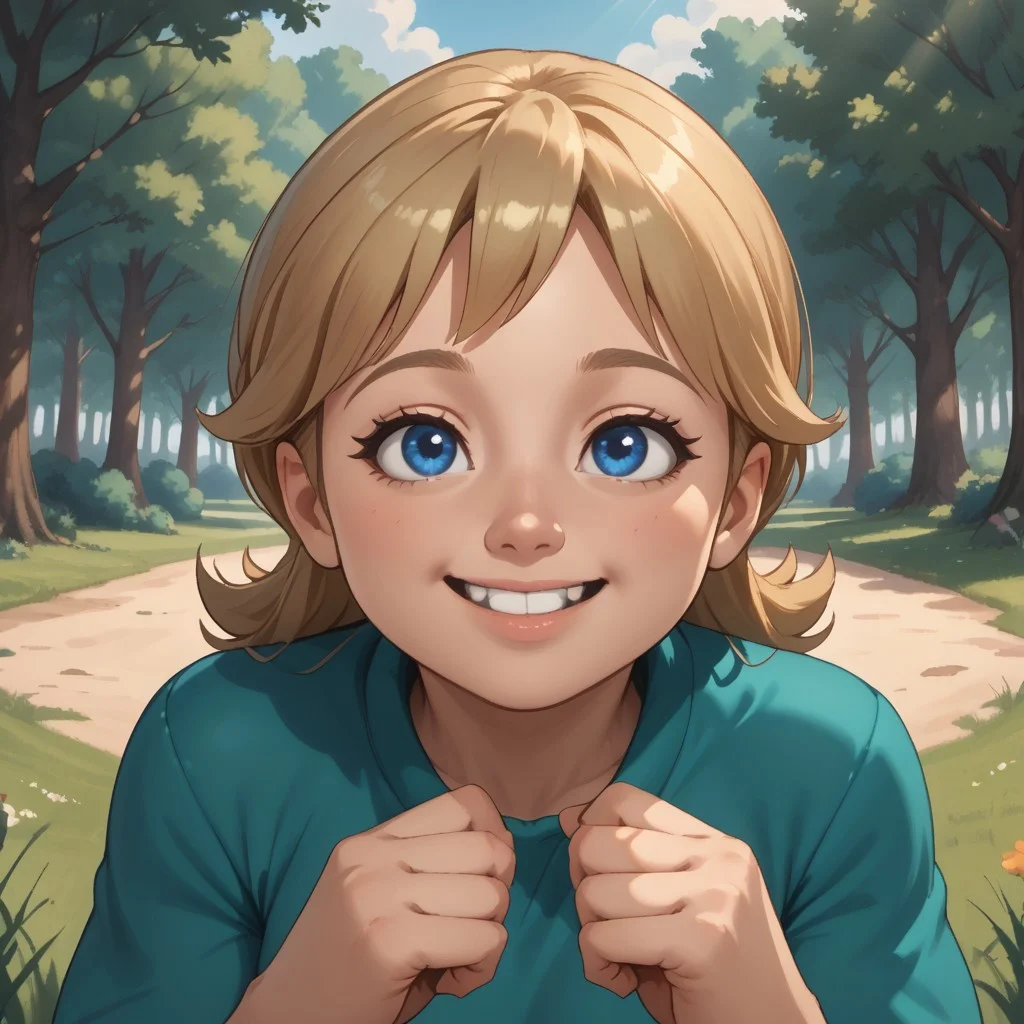 score_9, score_8, BREAK, solo, mii, wii, wii sports resort, 1girl, female mii, cute, blonde hair, black blue eyes, rare eyes, tree shaped nose, buck tooth, double chin, chubby, chubby female, dark green clothing, white pants, barefoot, Megan_(\Wii_Sports_Resort\), Nintendo Mii, modern_mii, classic_mii, big breasts, sexy pose, self portrait, smile, outdoors, sunlight, shadows, evening lighting, natural lighting, forest, trees, grass, orange sky, sunset, sitting, feet, soles