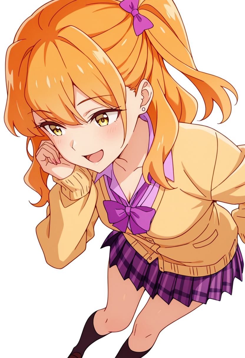masterpiece,high quality details,absurdres, 
 <lora:Chibana_Sumika:0.8>
sumika_cnr, 1girl,orange hair, long hair, yellow eyes,one side up, bangs,stud earrings, 
sumika_s2, gyaru, kogal, plaid skirt, pleated skirt, yellow cardigan, collared shirt, hair bow,purple bowtie, kneehighs, stud earrings, long sleeves,, simple background, white background, dynamic angle,solo,, :d,