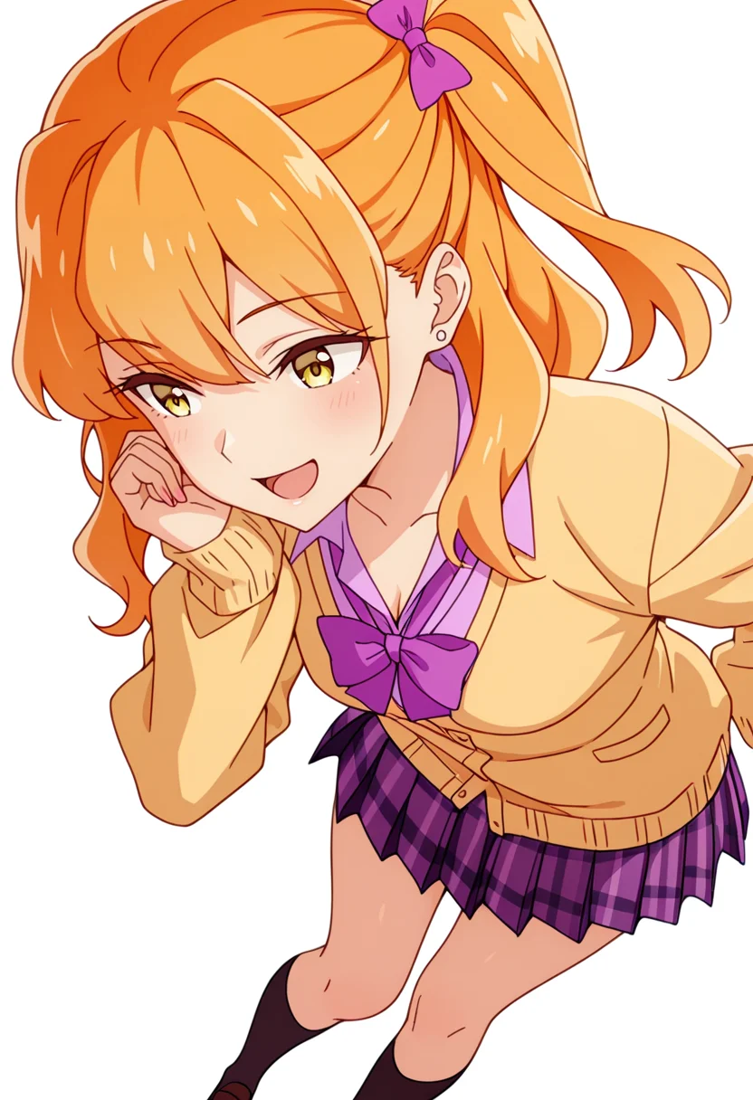 masterpiece,high quality details,absurdres,
<lora:Chibana_Sumika:0.8>
sumika_cnr, 1girl,orange hair, long hair, yellow eyes,one side up, bangs,stud earrings,
sumika_s2, gyaru, kogal, plaid skirt, pleated skirt, yellow cardigan, collared shirt, hair bow,purple bowtie, kneehighs, stud earrings, long sleeves,, simple background, white background, dynamic angle,solo,, :d,