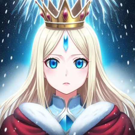 mana_sk style, portrait, focus on face, a dignified ice queen girl with long, flowing platinum blonde hair and frosty blue eyes, wearing a crown shaped like icicles and a high-collared fur cloak, her expression cold and regal, soft snow falling against an icy background, Japanese RPG style, majestic and chilling atmosphere, intricate details on her crown and cloak