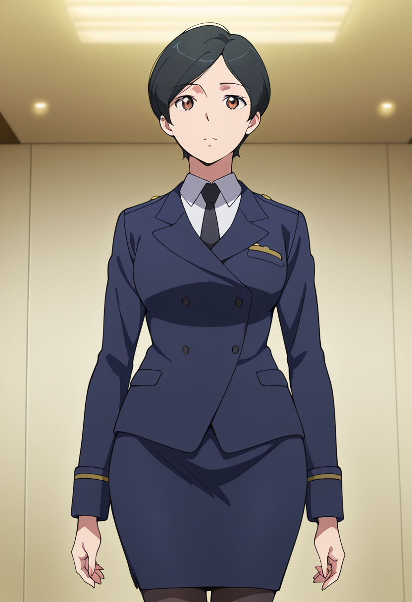 masterpiece, best quality, amazing quality, very aesthetic, absurdres, newest, illustration, perfect composition, intricate details, highres, anime coloring, 1girl, solo, (cowboy shot:1.2), kaoruww, mature female, brown eyes, black hair, short hair, formal, military uniform, skirt suit, black necktie, blue military jacket, white collared shirt, long sleeves, blue pencil skirt, black pantyhose, black high heels, looking at viewer, shiny body, shiny skin, skindentation, clear skin, shiny hair, ultra detailed eyes, depth of field, sharp, intricate details, hyperdetailed, ultra-detailed, detailed clothing folds, high contrast, dynamic light <lora:Mizusaki_Kaoru_Aldnoah_Zero_ill_v1.1:1>