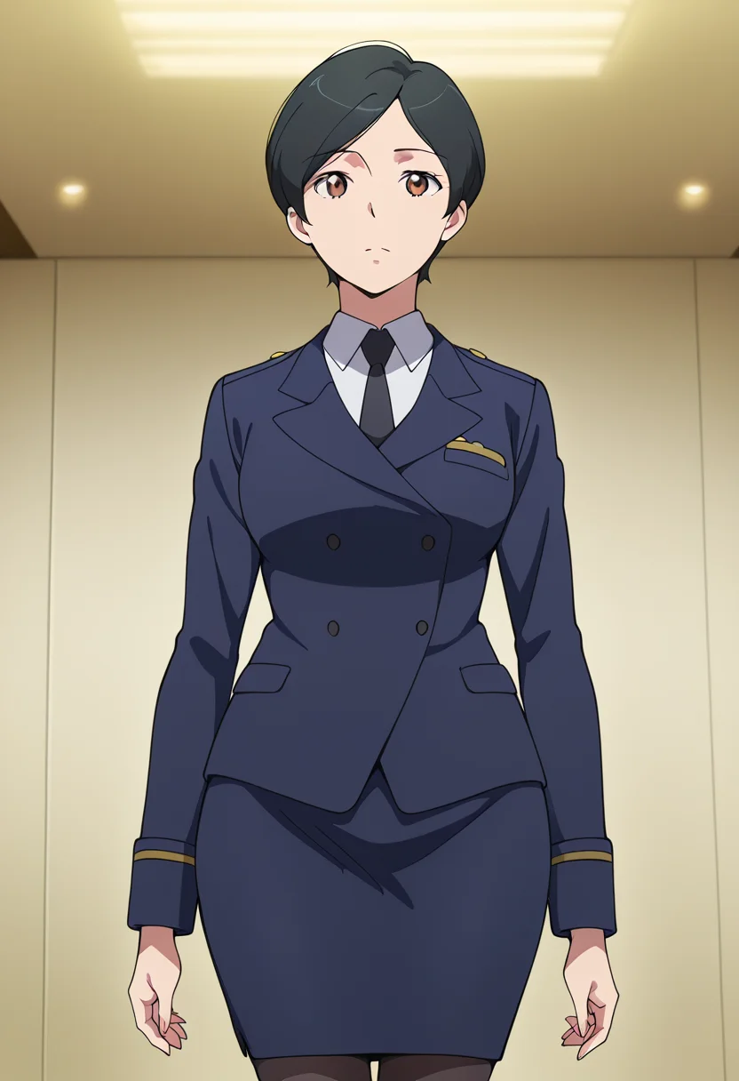 masterpiece, best quality, amazing quality, very aesthetic, absurdres, newest, illustration, perfect composition, intricate details, highres, anime coloring, 1girl, solo, (cowboy shot:1.2), kaoruww, mature female, brown eyes, black hair, short hair, formal, military uniform, skirt suit, black necktie, blue military jacket, white collared shirt, long sleeves, blue pencil skirt, black pantyhose, black high heels, looking at viewer, shiny body, shiny skin, skindentation, clear skin, shiny hair, ultra detailed eyes, depth of field, sharp, intricate details, hyperdetailed, ultra-detailed, detailed clothing folds, high contrast, dynamic light <lora:Mizusaki_Kaoru_Aldnoah_Zero_ill_v1.1:1>