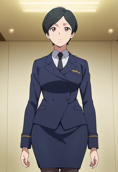 masterpiece, best quality, amazing quality, very aesthetic, absurdres, newest, illustration, perfect composition, intricate details, highres, anime coloring, 1girl, solo, (cowboy shot:1.2), kaoruww, mature female, brown eyes, black hair, short hair, formal, military uniform, skirt suit, black necktie, blue military jacket, white collared shirt, long sleeves, blue pencil skirt, black pantyhose, black high heels, looking at viewer, shiny body, shiny skin, skindentation, clear skin, shiny hair, ultra detailed eyes, depth of field, sharp, intricate details, hyperdetailed, ultra-detailed, detailed clothing folds, high contrast, dynamic light <lora:Mizusaki_Kaoru_Aldnoah_Zero_ill_v1.1:1>