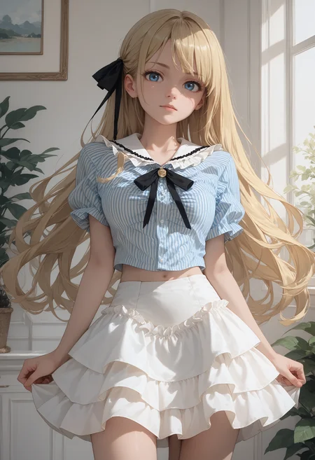 score_9, score_8_up, score_7_up, score_6_up, 1girl, blonde hair, long hair,
layered skirt, striped shirt, short skirt,
white skirt, frilled sailor collar, blue shirt, black ribbon,
looking at viewer,
<lora:sweet_girl_slim_puff_v1.7-pony:1>