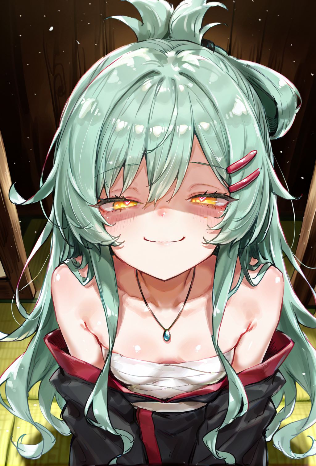 1girl, sensitive, (artist:sincos:0.4), (artist:deadflow:0.5), (artist:ao+beni:0.9), (artist:quasarcake:0.85), (artist:nanashi \(nlo\):0.1), (artist:tianliang duohe fangdongye:1), <lora:Suro:0.9>, small breasts, orange eyes, green hair, very long hair, japanese clothes, hairclip, wide sleeves, black kimono, chest sarashi, off shoulder, necklace, (half-closed eyes, heart-shaped pupils, glowing eyes, shaded face, smile, blush, pov:1.3), masterpiece, best quality, amazing quality, very aesthetic, absurdres, newest, scenery, <lora:deal360acv illustrious 006:0.45>, <lora:dj_sloppa_ill_v2:0.2>, <lora:nyalia:0.35>