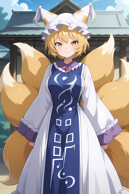 absurdres, highres, masterpiece, best quality, amazing quality, official anime artwork, screencap, anime screencap, outdoors, looking at viewer, light smile,
<lora:Yakumo-Ran_Illustrious:1> yakumo ran, 1girl, solo, yellow eyes, blonde hair, short hair, multiple tails, fox tail, fox ears,, hat, white headwear, ofuda, tabard, white dress, long dress, frills, long sleeves, wide sleeves